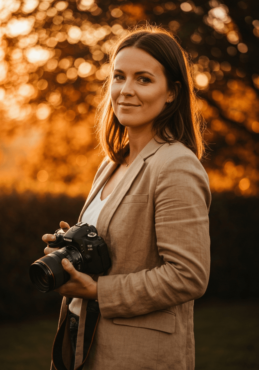 Wedding photographer with camera at golden hour